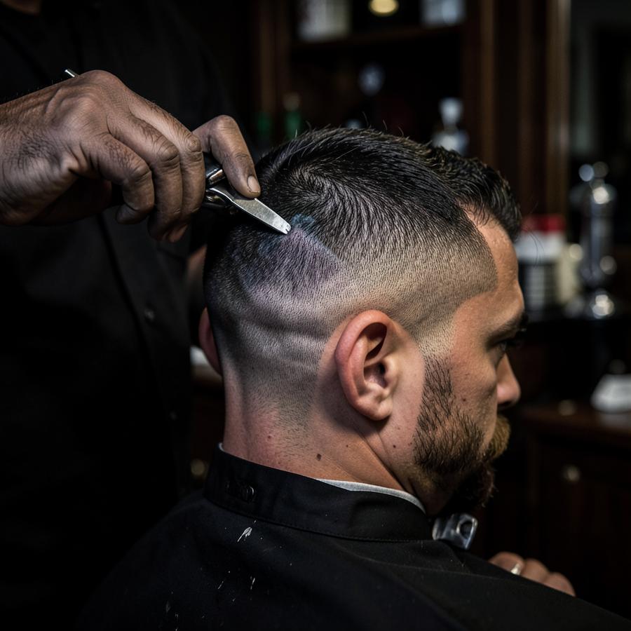 Frizer care estompează un skin fade cu mașina de tuns
